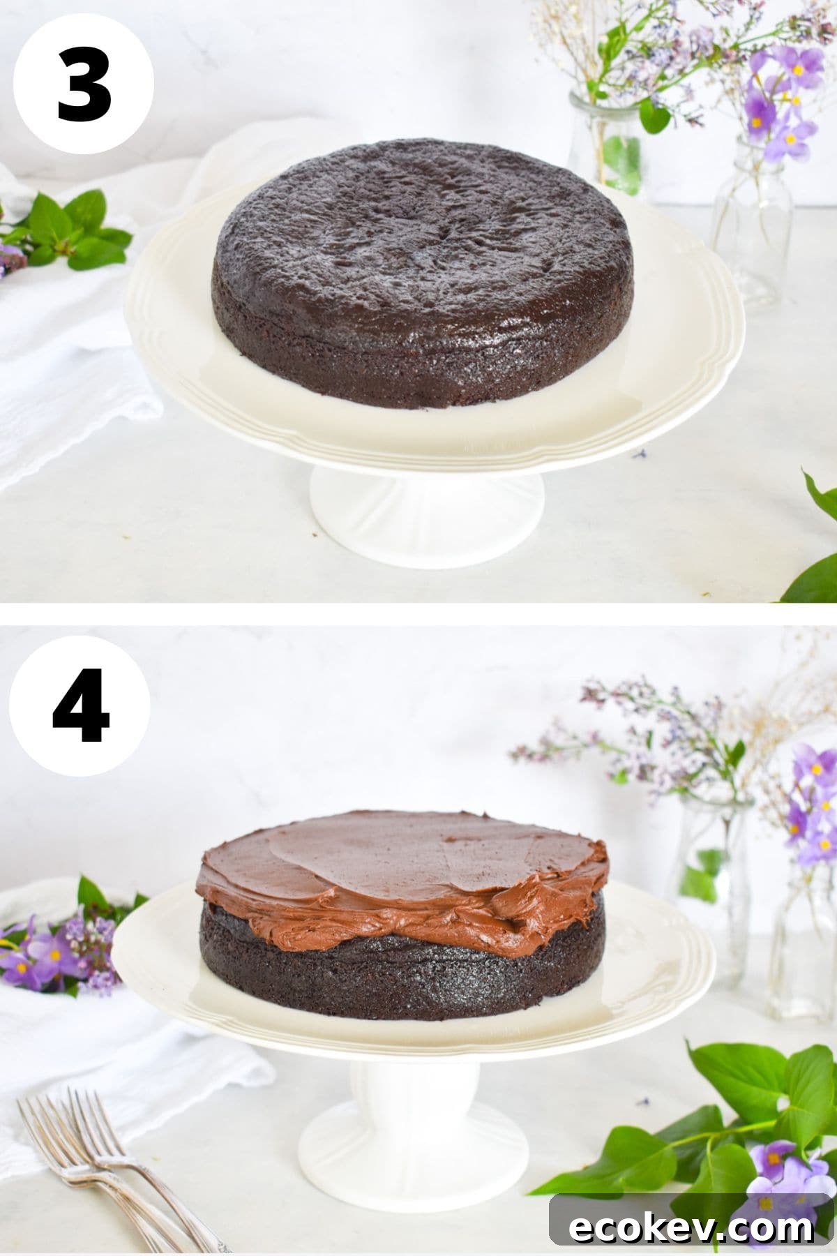 chocolate cake on white cake stand with frosting being spread over first layer. 