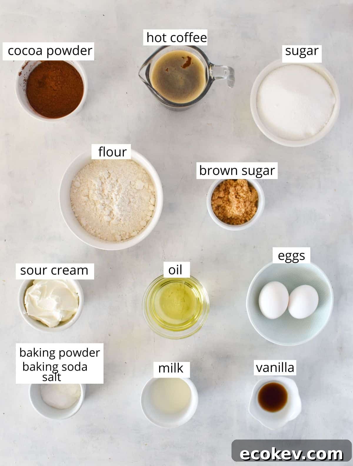 chocolate cake ingredients laid out. 