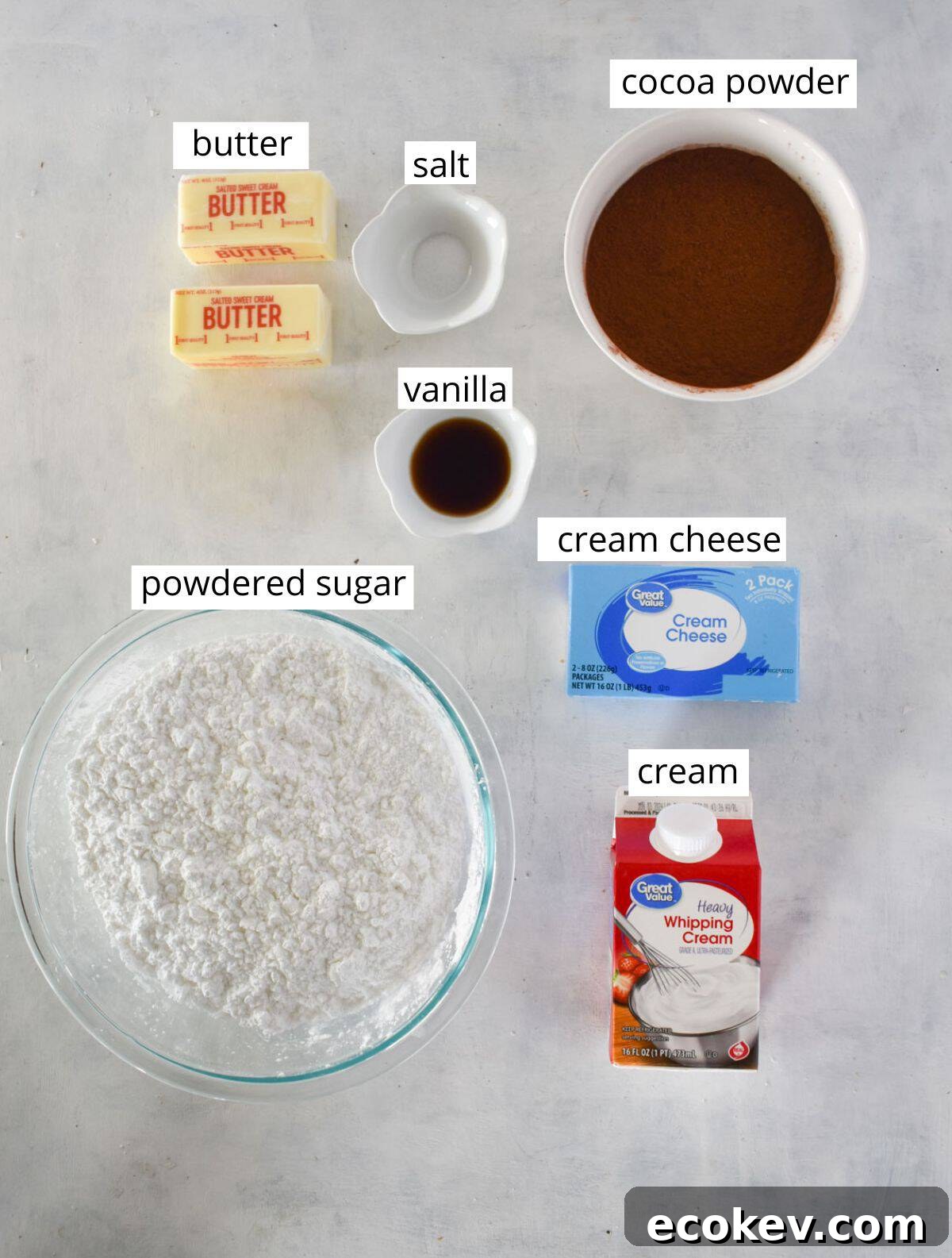 chocolate cream cheese frosting ingredients laid out and labeled. 