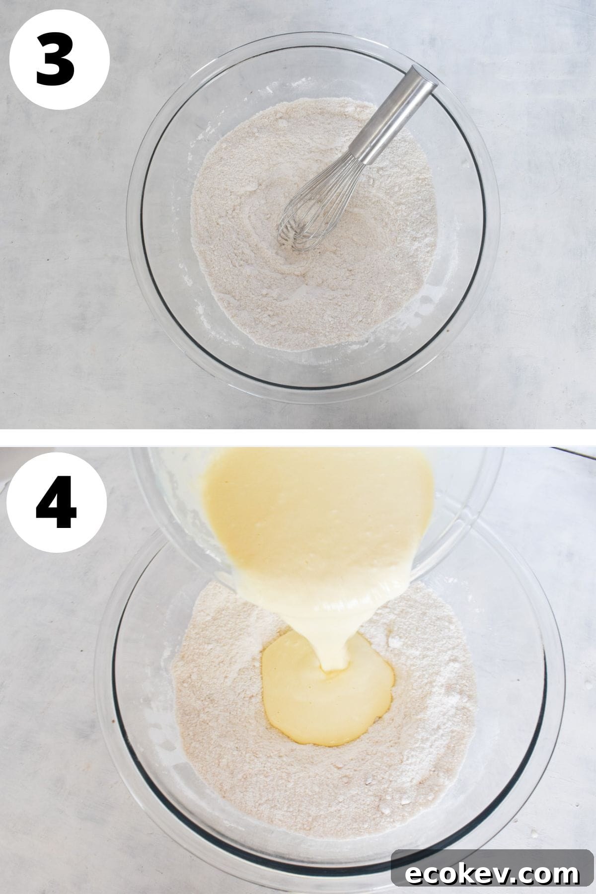 chocolate cake batter divided into two cake pans. 