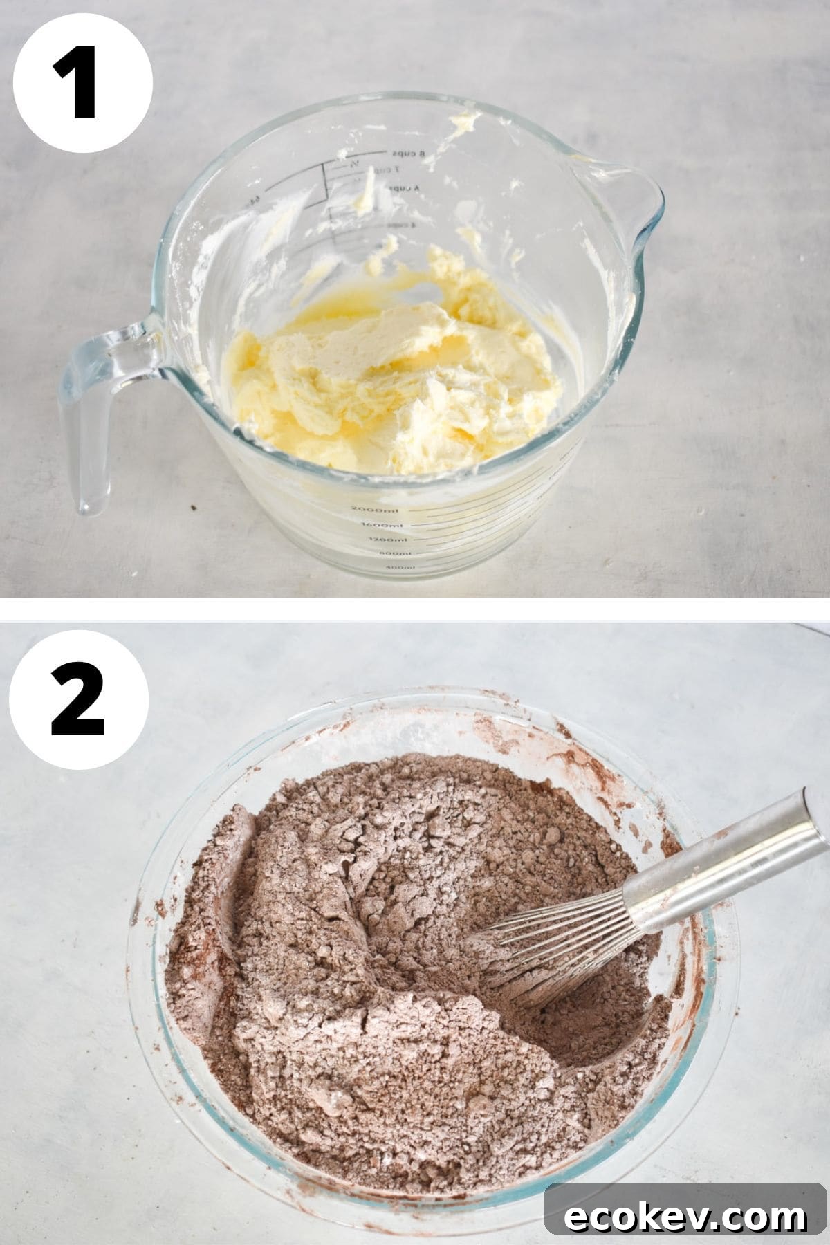 butter and cream cheese mixed in one bowl and dry ingredients mixed in separate bowl.