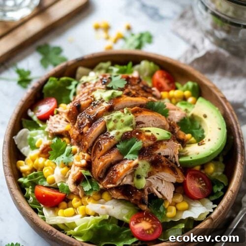 A top down view of BBQ Chicken & Corn Salad