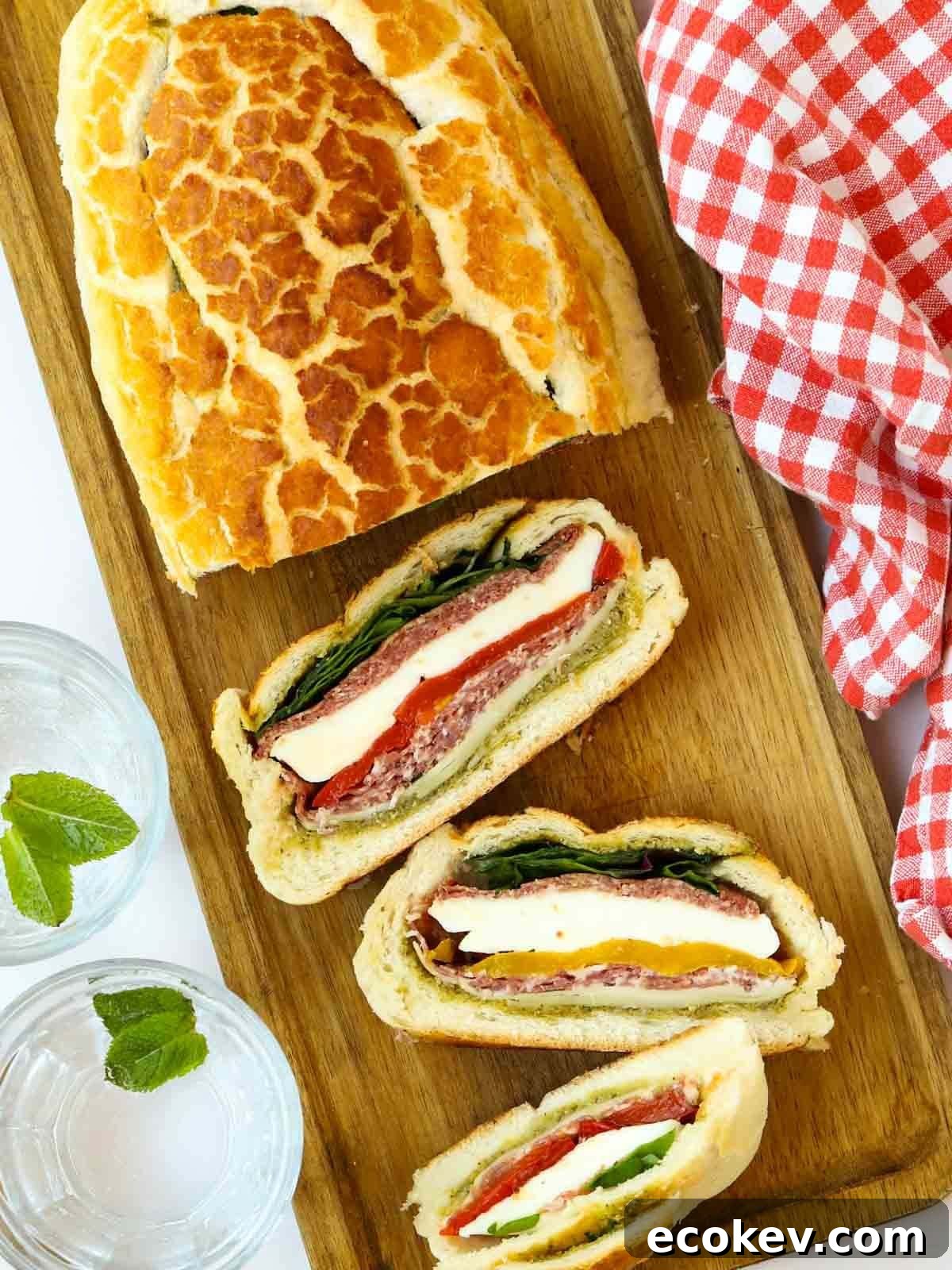 A stuffed picnic loaf, half sliced, laid on a board and ready to serve.