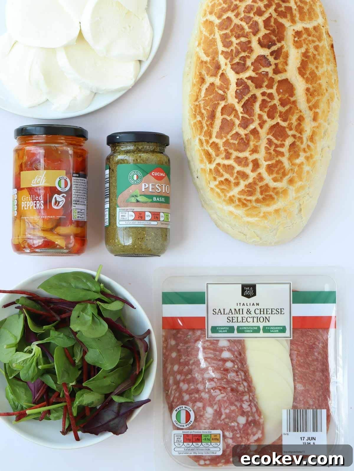 Ingredients for a stuff picnic loaf - AKA muffaletta - laid out on a counter.