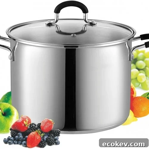 A large stainless steel pot with a glass lid and black handles, surrounded by assorted fruits including green apples, grapes, strawberries, blueberries, blackberries, and oranges.
