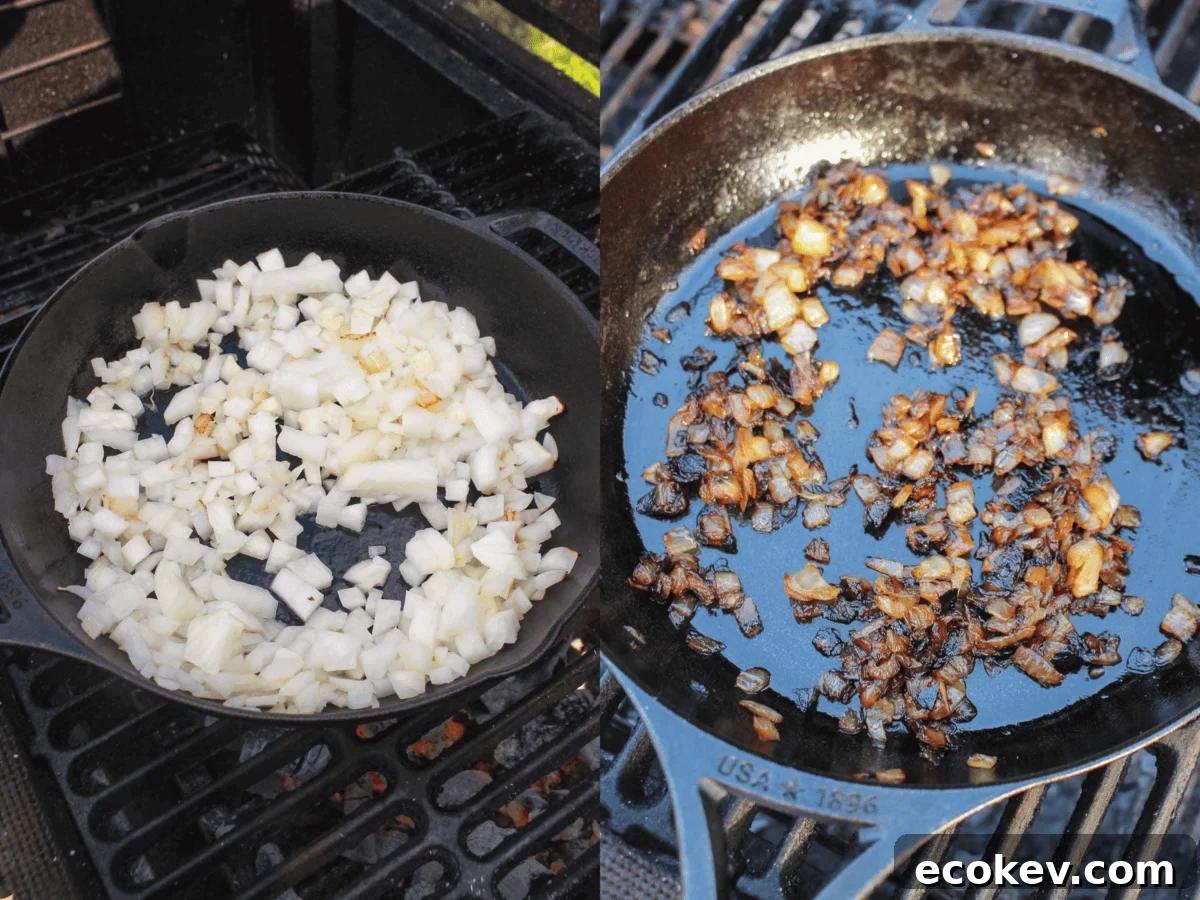 The onions sautéing in the skillet until they are browned.