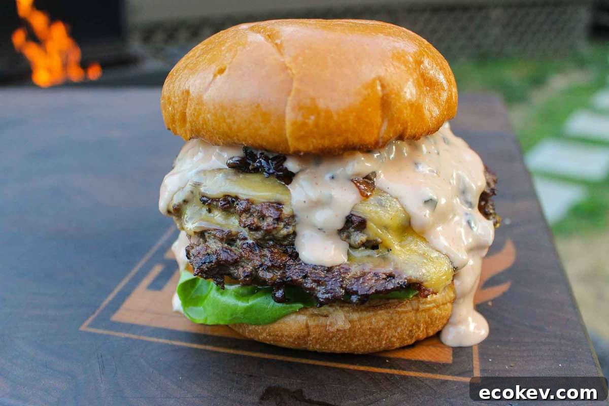 One of the assembled burgers up close so you can see the sauce seeping off the sides.