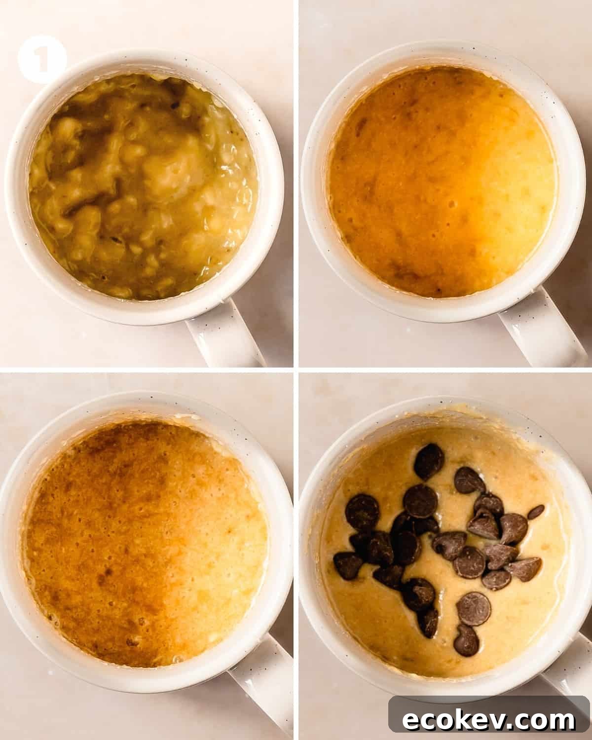 Grab your favorite mug. It should hold at least 8 oz. (240 ml) of liquid. Melt one tablespoon of butter in the mug. This takes about 20-30 seconds in the microwave. Mash the ripe banana in the mug. Lightly beat the egg in another bowl or whisk into the mashed banana and melted butter. Just make sure to fully incorporate the egg into the banana before adding the other ingredients. If you choose to skip the egg to make a no egg banana mug cake, skip the egg. Stir or whisk in the milk, followed by the vanilla extract, sugars, baking powder, salt  and flour until smooth and well combined. If you choose to skip the egg to make a no egg banana mug cake, skip the egg. Stir or whisk in the milk, followed by the vanilla extract, sugars, baking powder, salt  and flour until smooth and well combined. If you would like to add chocolate chips or any other mix in, do so now.