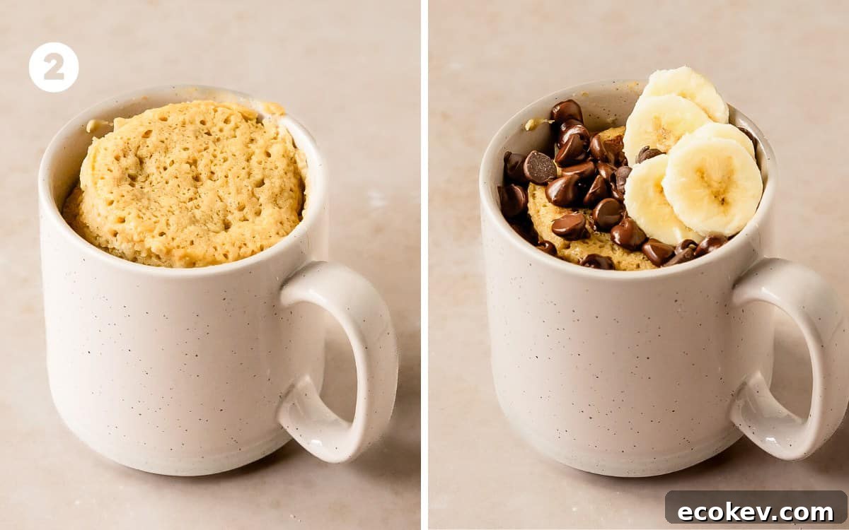 Microwave the mug cake banana cake in the microwave for 90 - 120 seconds (1 ½ - 2 minutes). The mixture should puff up and resemble cake. If there is any liquid at the bottom or the cake seems underbaked, heat the mug cake in the microwave in additional 20 second increments until the cake is to your desired consistency. Top with more chocolate chips, a drizzle of peanut butter and more bananas if you like.