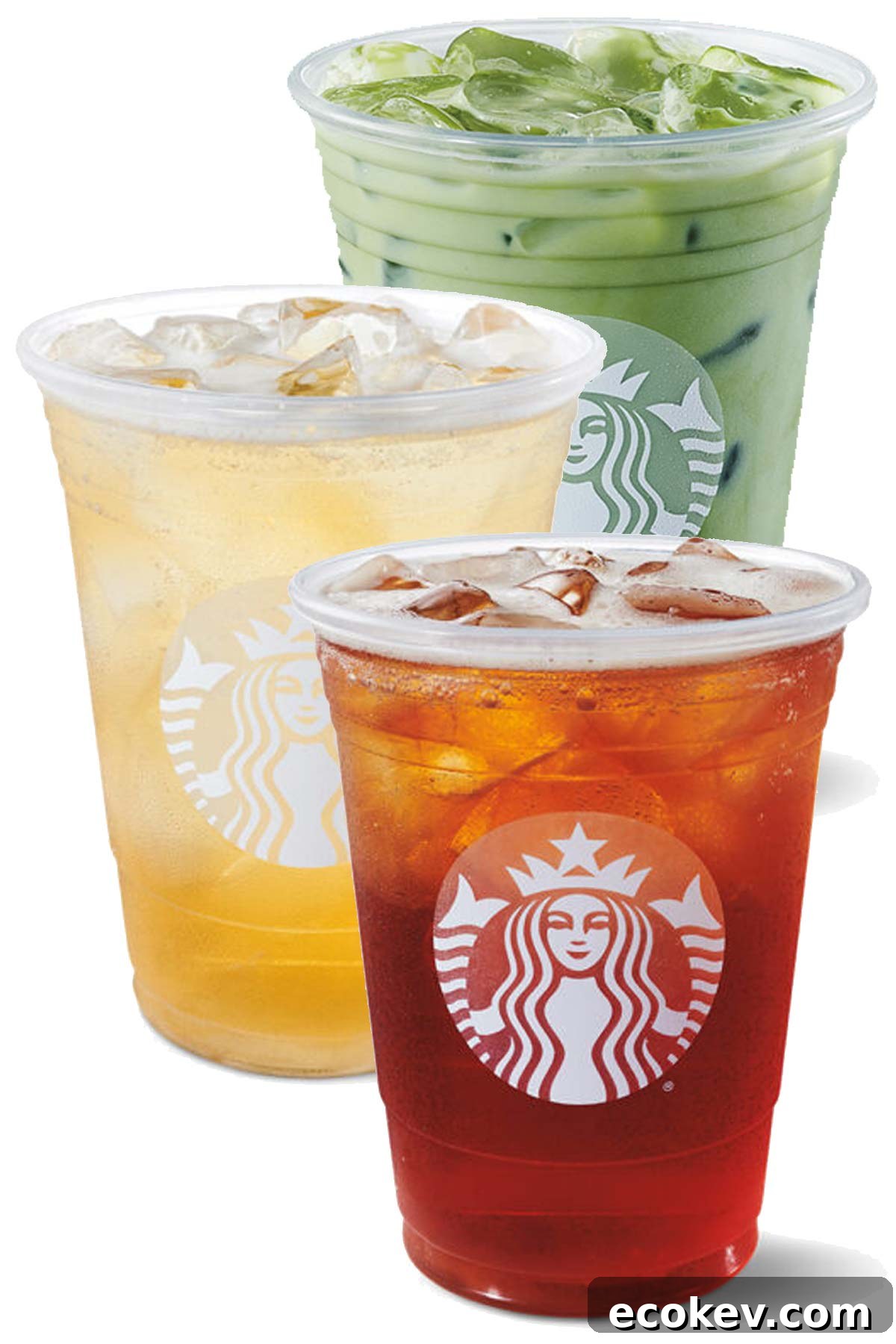 3 Starbucks cups with different iced tea drinks.