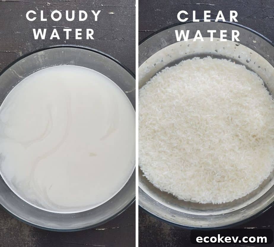 white rice in a clear bowl submerged in water