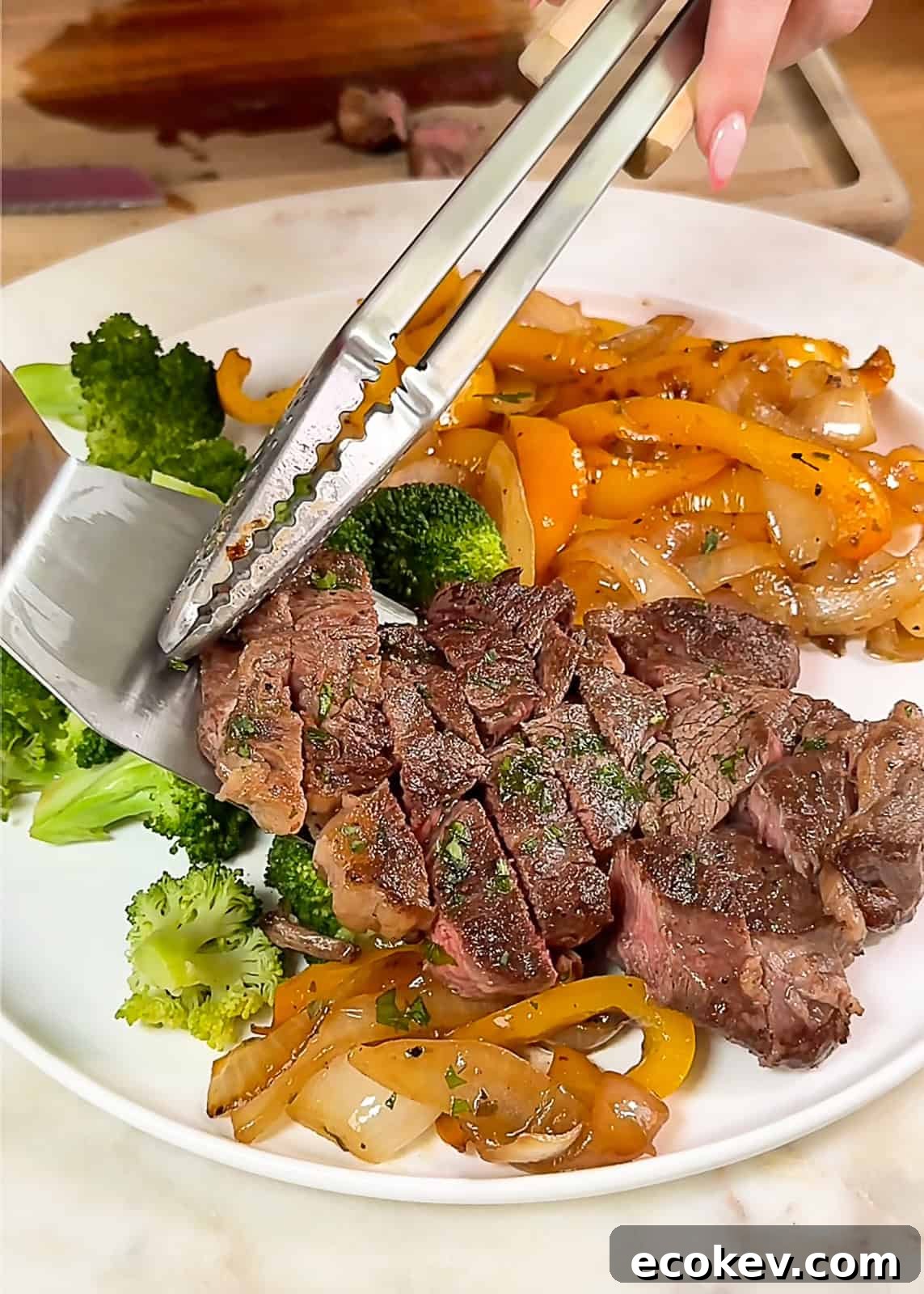 Finished chuck eye steaks plated