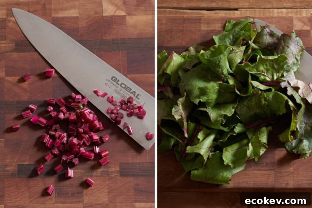 Two photos side by side, chopped beet stems on a cutting board on the left, and fresh beet leaves on the right.