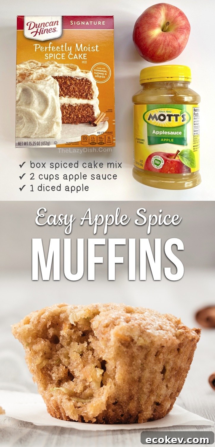 Easy Cake Mix Apple Muffins made with just 3 ingredients! So quick and simple to make. Perfect for fall snacks, treats and breakfast. Your kids will love them in their lunchbox, too! So easy and fun to make even your older kids and teens can make them. Made with just a box of Duncan Hines spice cake mix and apple sauce! #muffins #3ingredients #apple #snackideas #thelazydish 