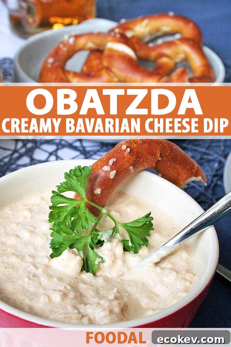 Close up of a bowl of German cheese 'obatzda' dip with lye pretzels in the background.