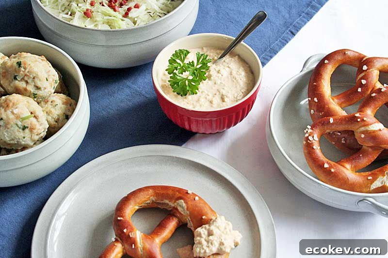 A table set with various German foods including lye pretzels, obatzda cheese dip, cabbage slaw, and bread dumplings.