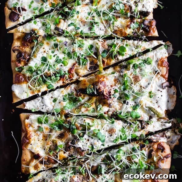 This asparagus mushroom burrata pizza cooks up in less than 20 minutes