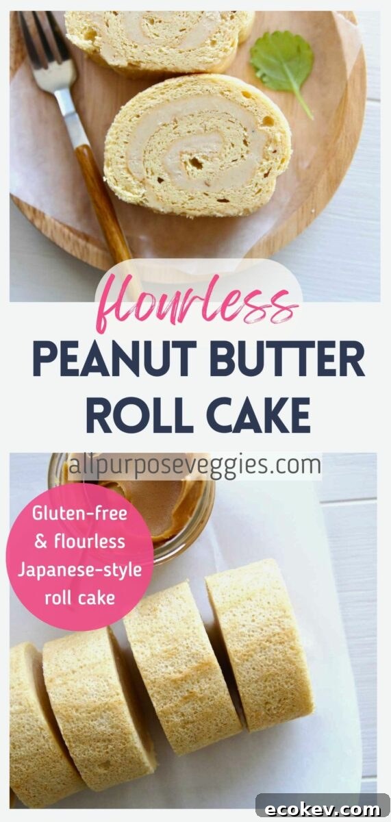pin image - Flourless Peanut Butter Swiss Roll Cake with a Sweet Peanut Cream Filling