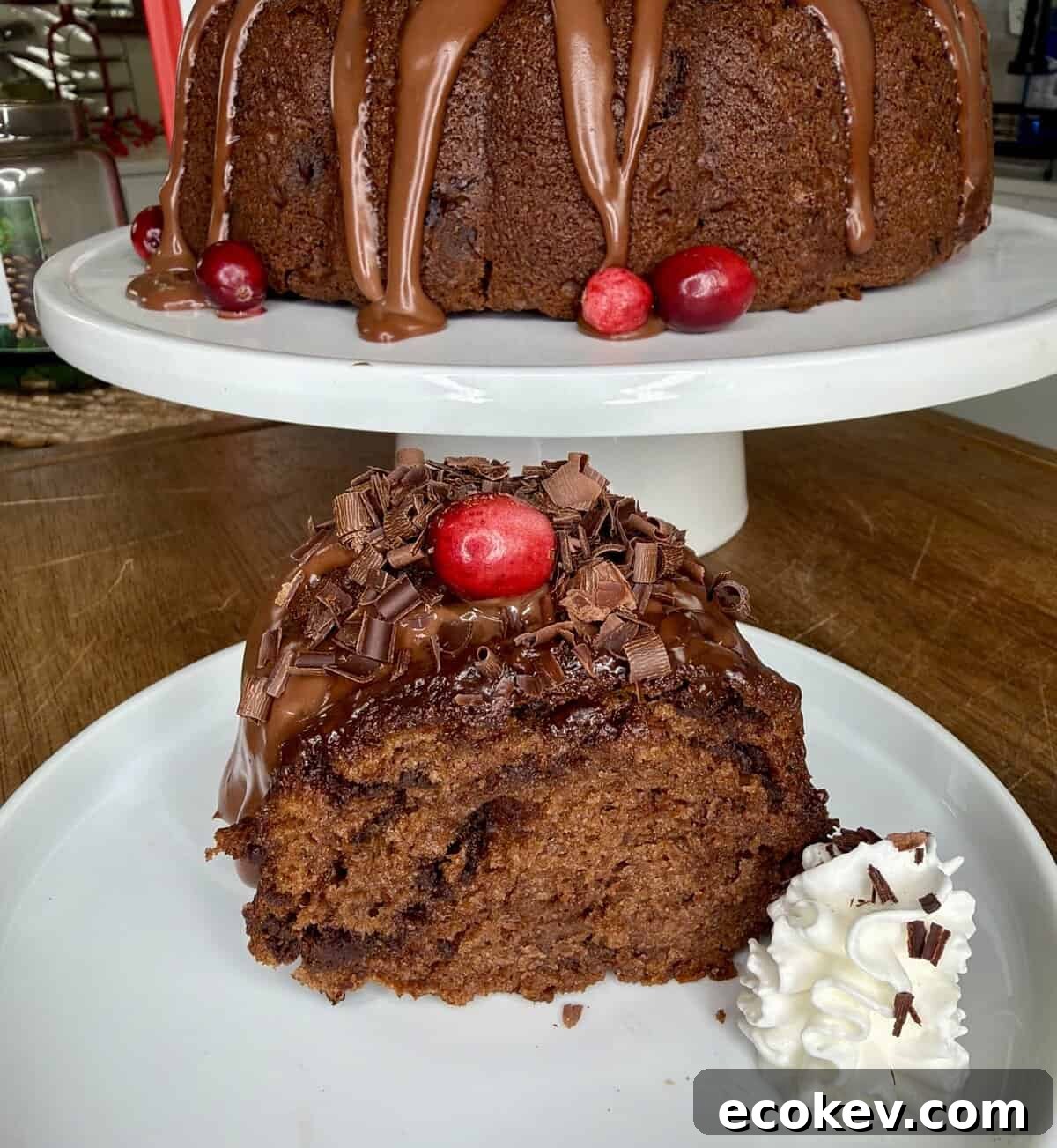 A slice of chocolate cake with chocolate shavings, a cranberry, and whipped cream sits on a plate. Behind it, the rest of the cake is topped with chocolate glaze and cranberries on a cake stand.
