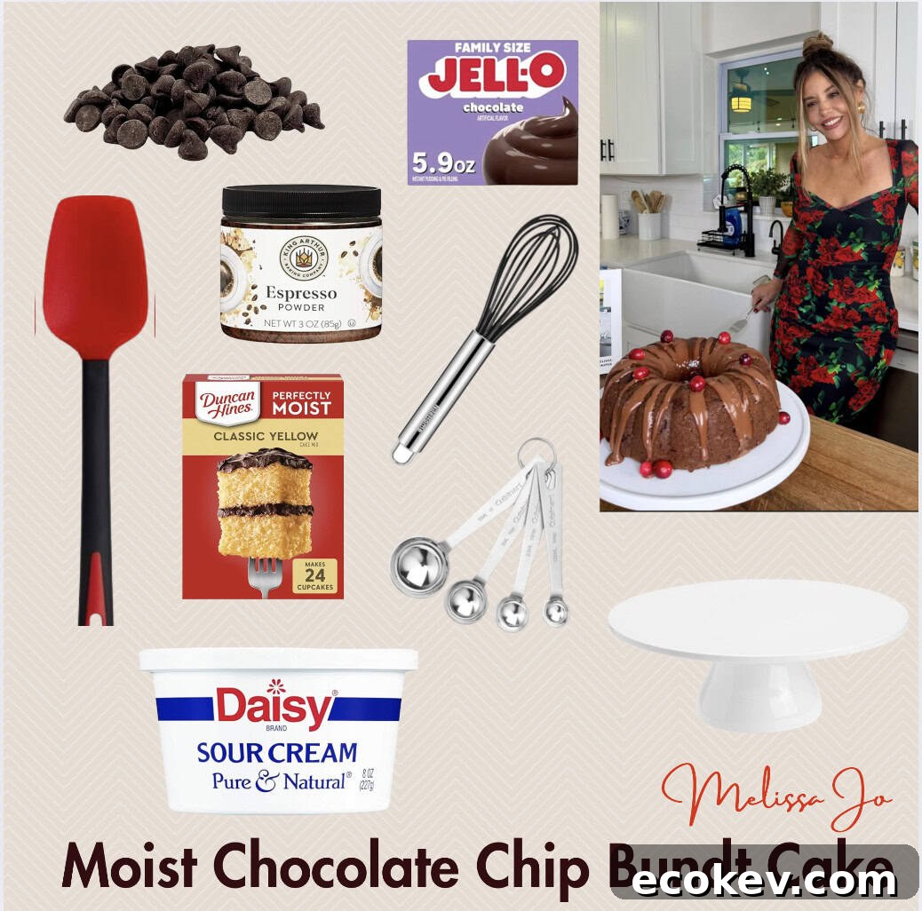 A collage showing ingredients and tools for a moist chocolate chip bundt cake, including chocolate chips, cake mix, Jello pudding, sour cream, espresso powder, a spatula, whisk, measuring spoons, and a woman with the finished cake.