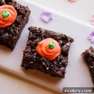 Spring Carrot Patch Brownies are a chocolatey, ooey-gooey, Oreo crumble-covered, delicious Spring treat. These cute garden brownies are perfect to make for dessert on Easter, or for any Spring gathering.