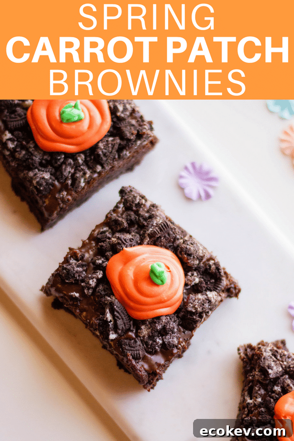 Spring Carrot Patch Brownies are a chocolatey, ooey-gooey, Oreo crumble-covered, delicious Spring treat. These cute garden brownies are perfect to make for dessert on Easter, or for any Spring gathering.