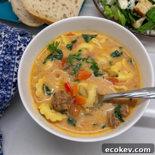 creamy colorful tortellini soup in bowl with spoon