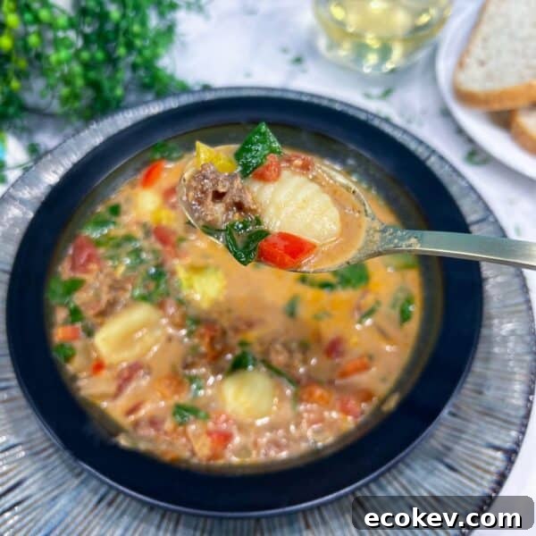 tortellini soup in bowl with glass and bread beside spoon loaded with soup