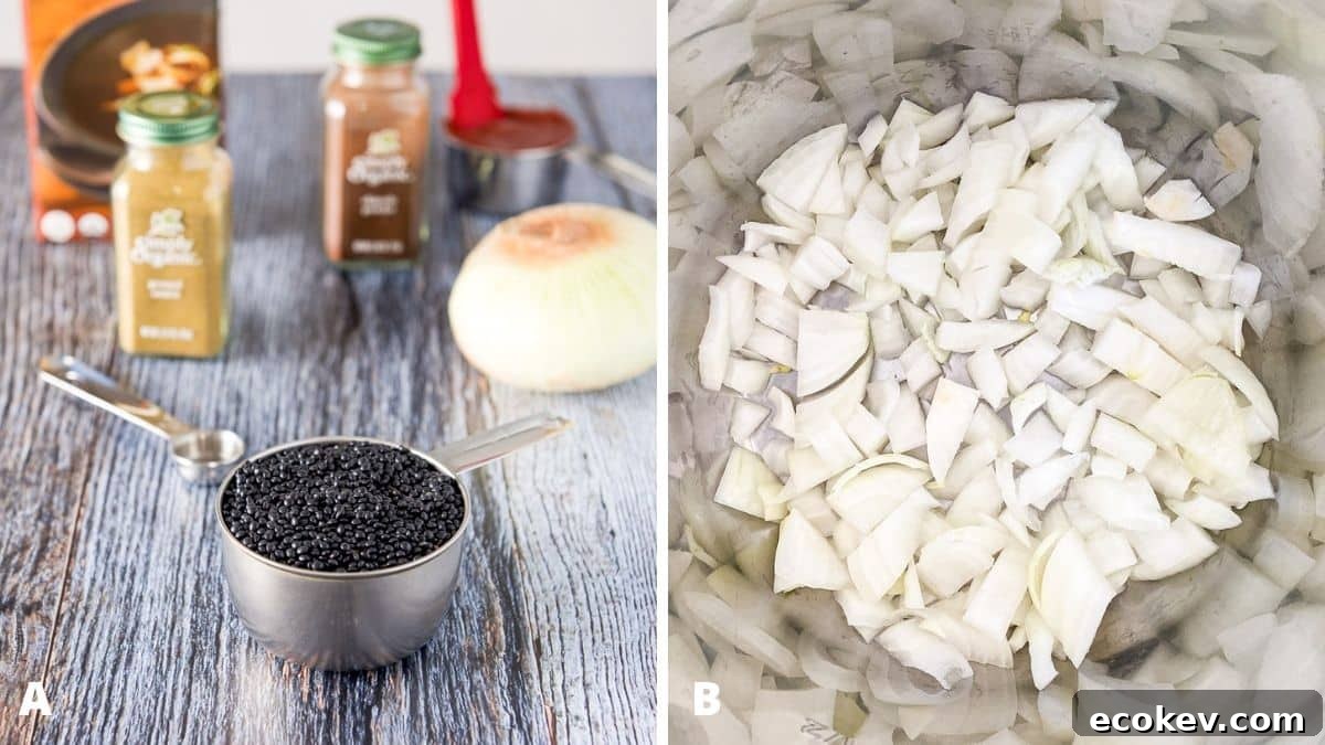 Left - black lentils, onion, spices, broth and tomato paste. Right - onion chopped in a metal container
