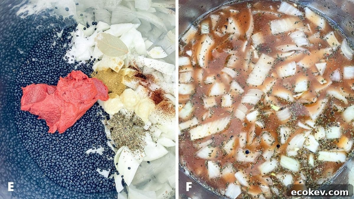 Left - tomato paste added to the lentils. Right - broth added with the lentils and stirred