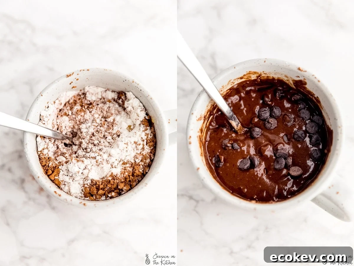 Prep shots of chocolate of a mug cake being mixed.