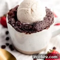 A close up photo of mug cake with a scoop of ice cream on top.