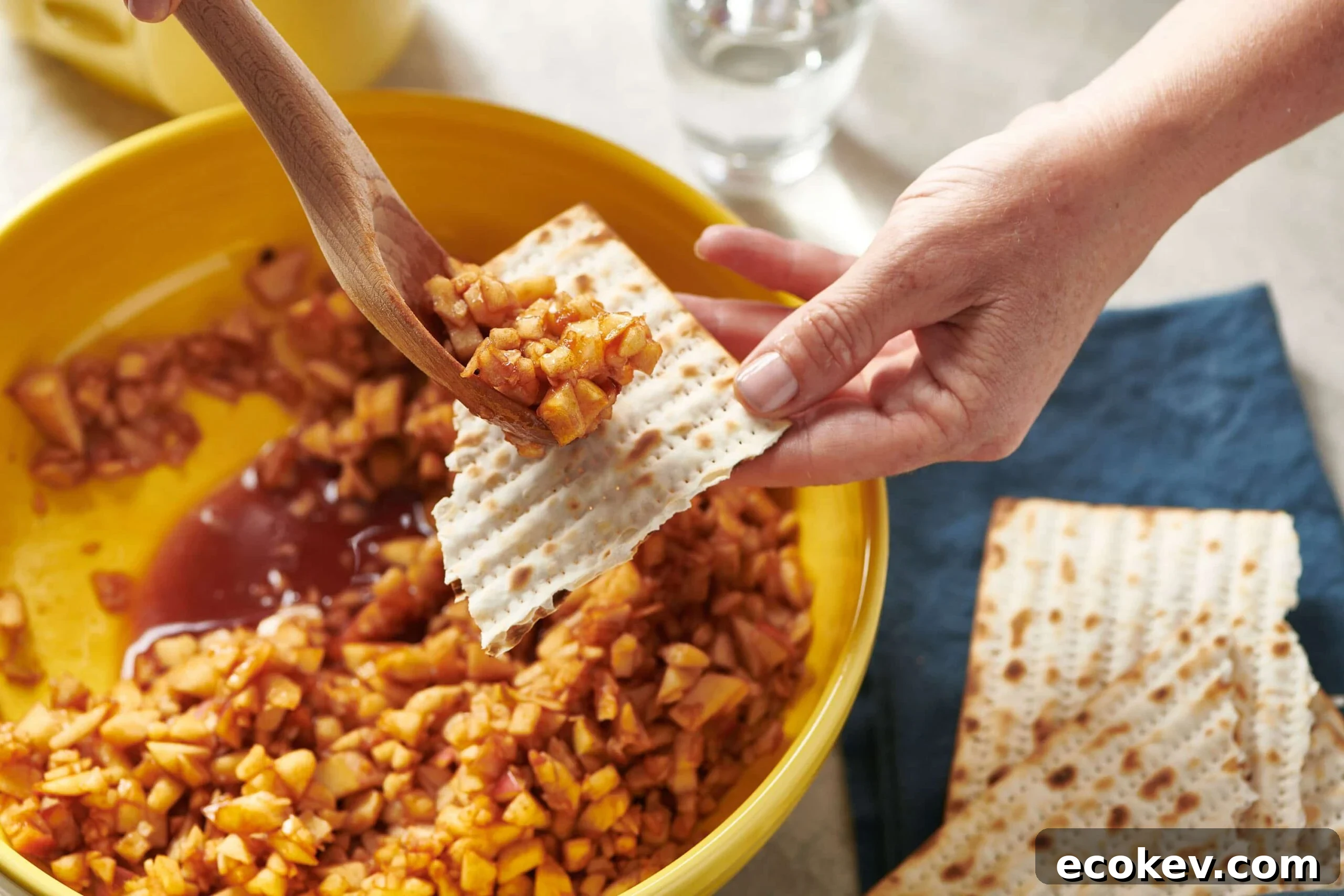 Wooden spoon scooping Charoset onto Matzoh.