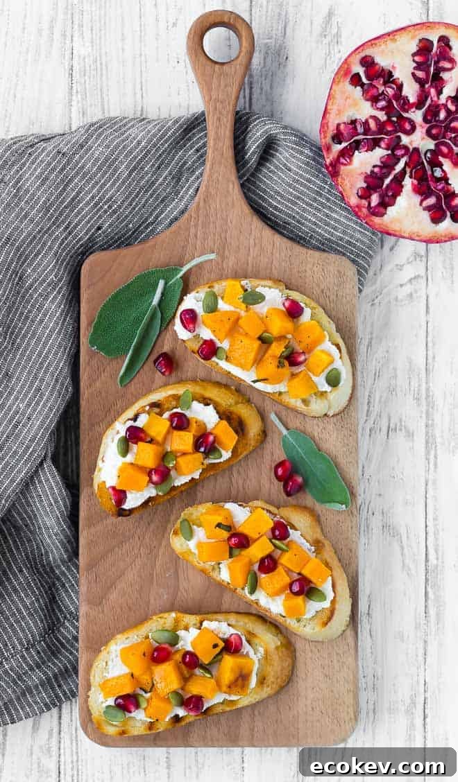 Photo of four squash crostini arranged on a wooden platter.