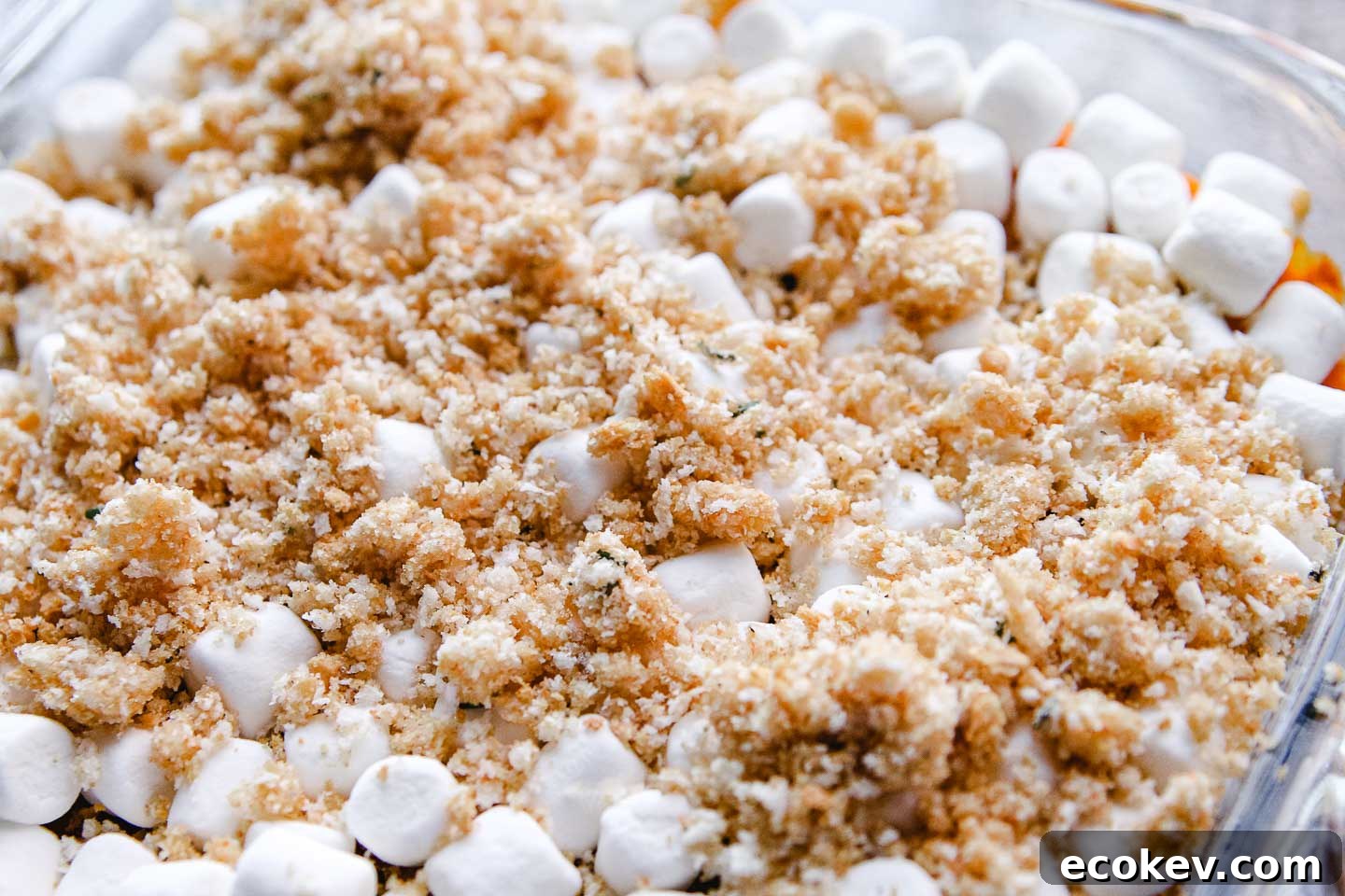 Sweet potato casserole with marshmallows and crumb topping.