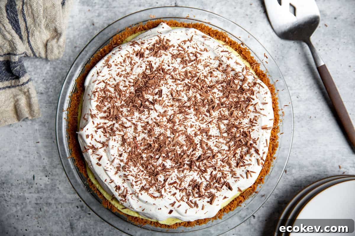 an overhead shot of the assembled and chilled vegan banana cream pie