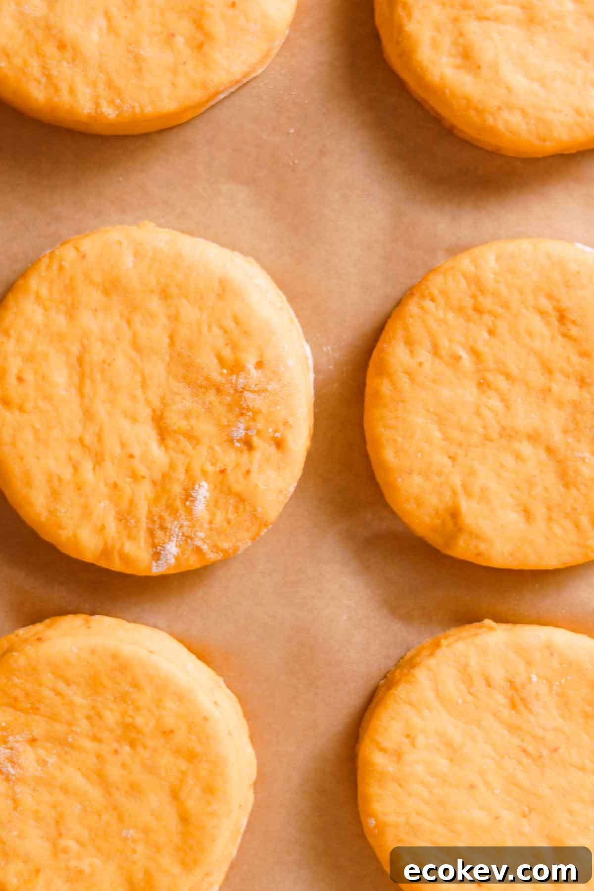 cut out rounds of pumpkin donut on parchment paper