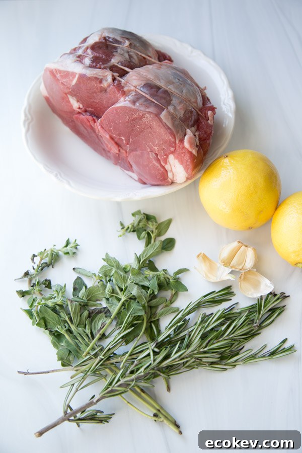 boneless leg of lamb tied lemons garlic and herbs on a counter