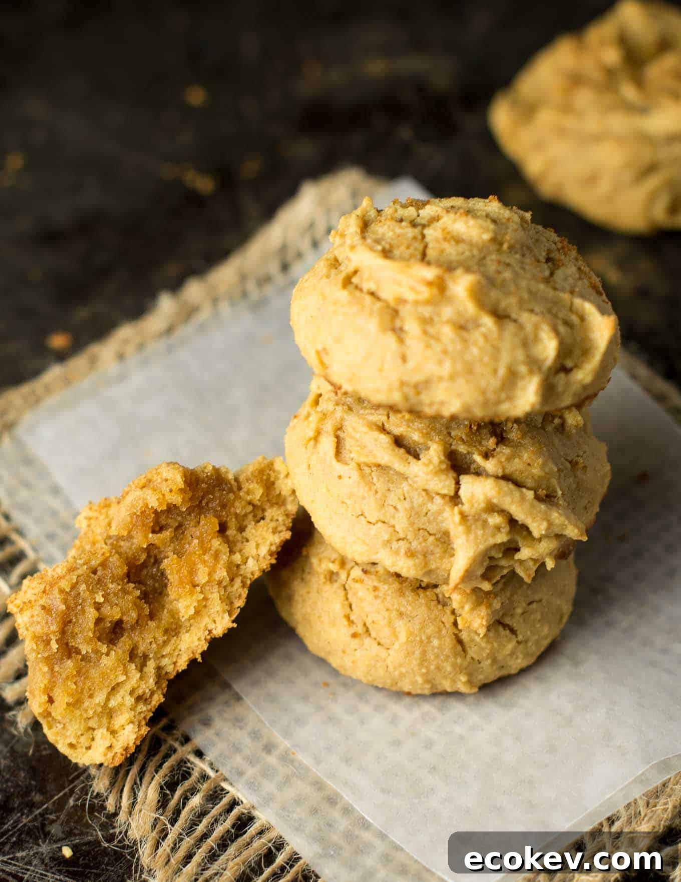 Perfect fluffy peanut butter cookies are an easy gluten free and wholesome dessert. Made with coconut flour, naturally sweetened and made in just one bowl. 