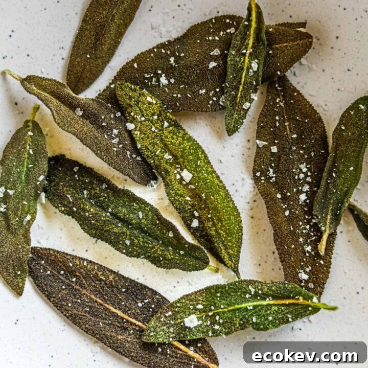 Fried crispy sage leaves with finishing salt.