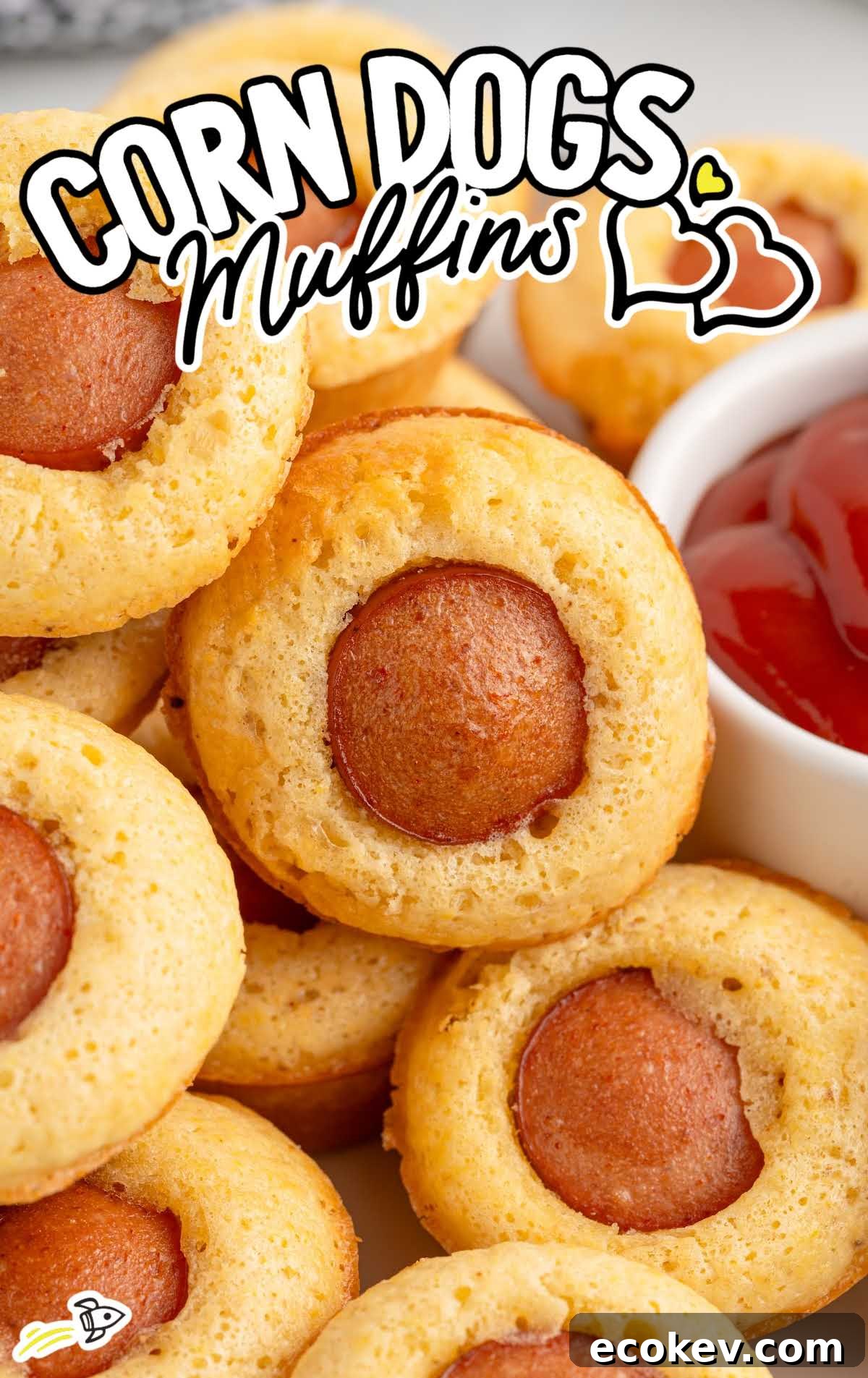 Corn dog muffin dipped in ketchup with other muffins blurred in the background.