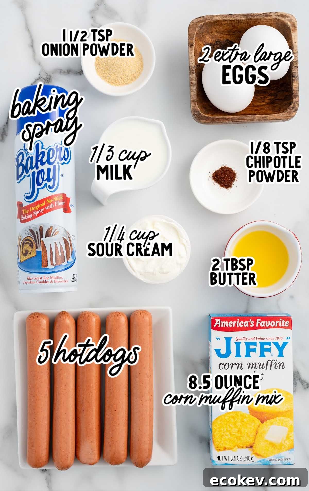 Overhead shot of ingredients for corn dog muffins including Jiffy mix, hot dogs, eggs, and seasonings.