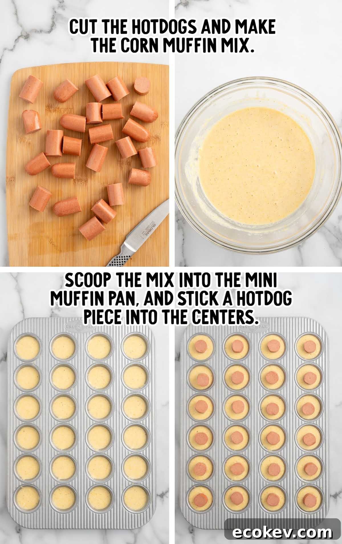 p-by-step collage showing chopped hot dogs, mixed batter, and filled mini muffin pan.