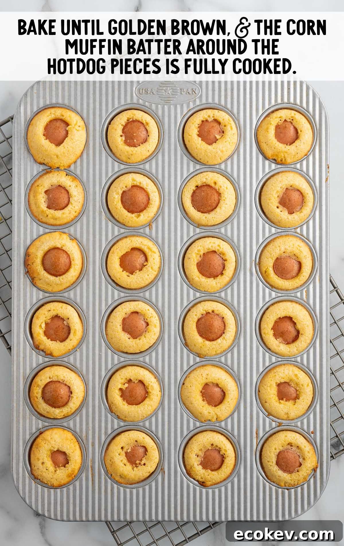 Fully baked mini corn dog muffins in a muffin pan with text: 'Bake until golden brown...'