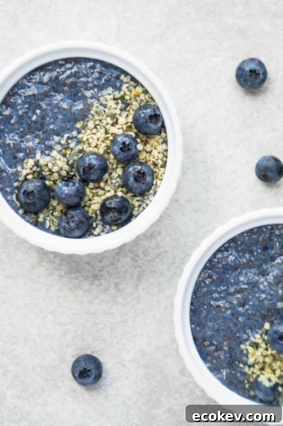 Two small round white bowls with blue chia pudding topped with hemp hearts and fresh blueberries. Three additional blueberries scattered around the surface.