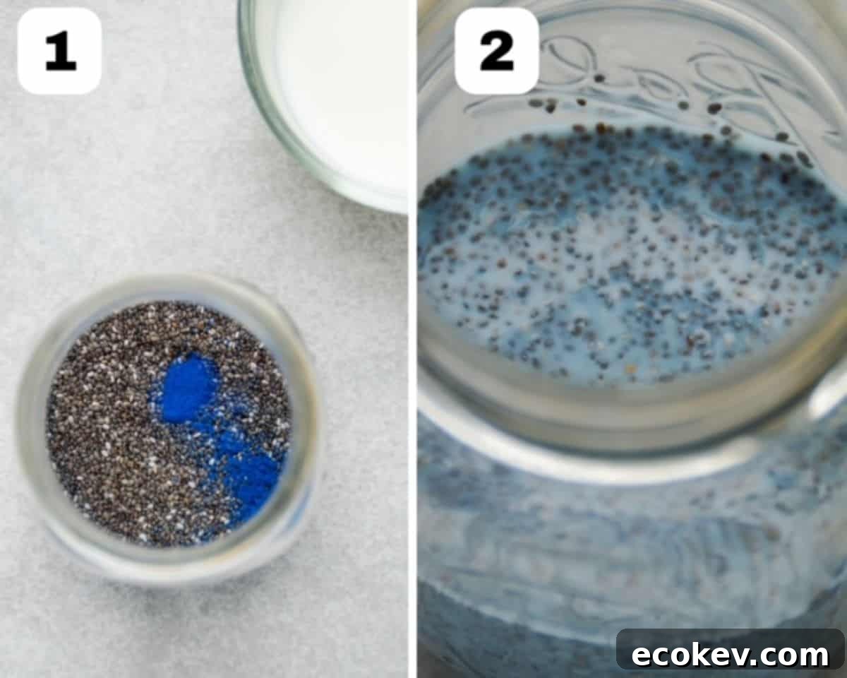 Two side-by-side images. The one on the left is a view from the top looking down into a mason jar with all of the dry ingredients for blue chia pudidng. The image to the right shows all ingredients mixed together before blueberries are added.