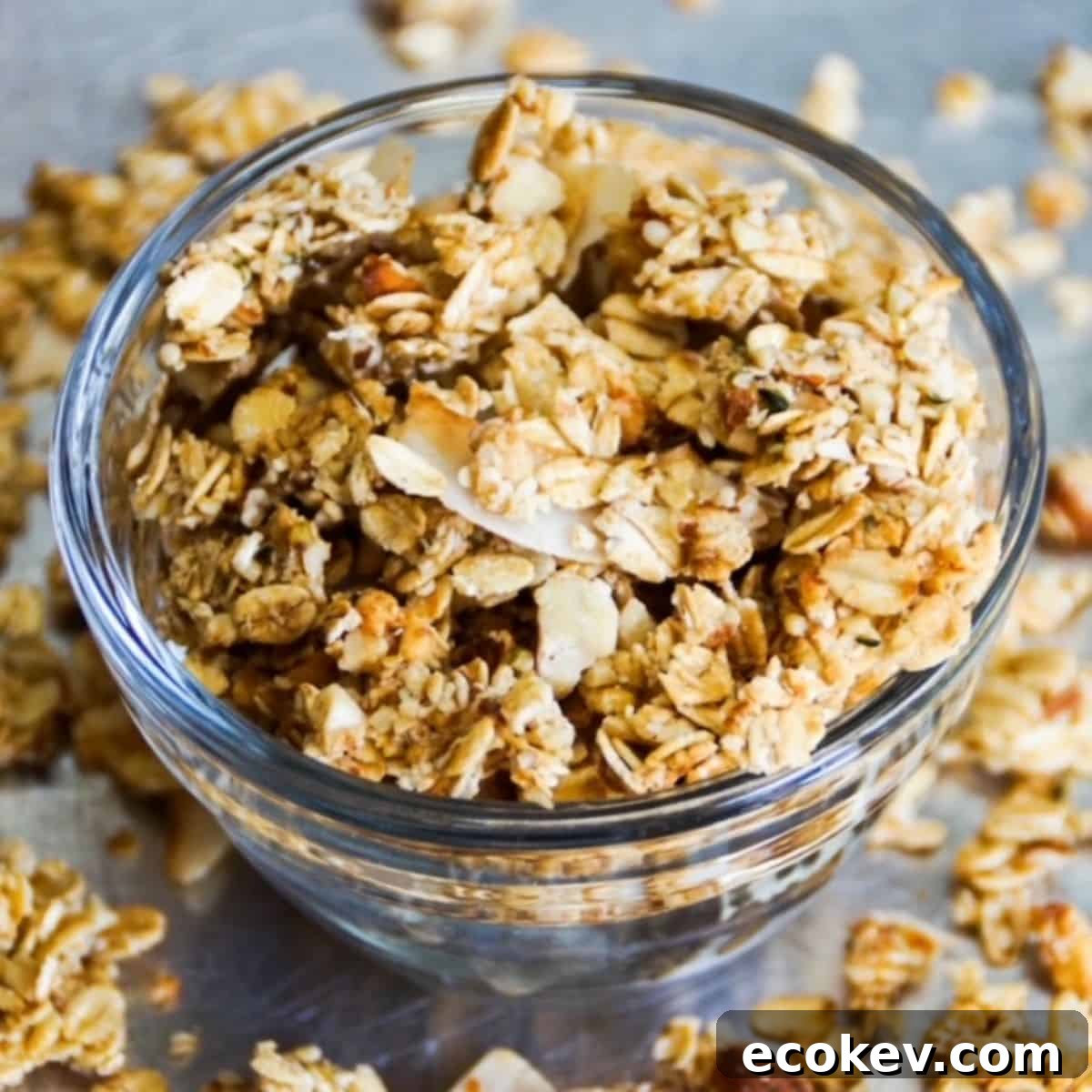 Granola in a small glass bowl.