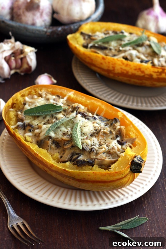 Roasted Spaghetti Squash with Mushrooms Served in Two Plates with Two Forks