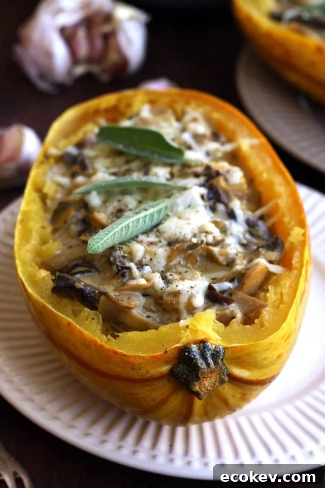 Roasted Spaghetti Squash with Mushrooms on the Table with Garlic Cloves in the Background