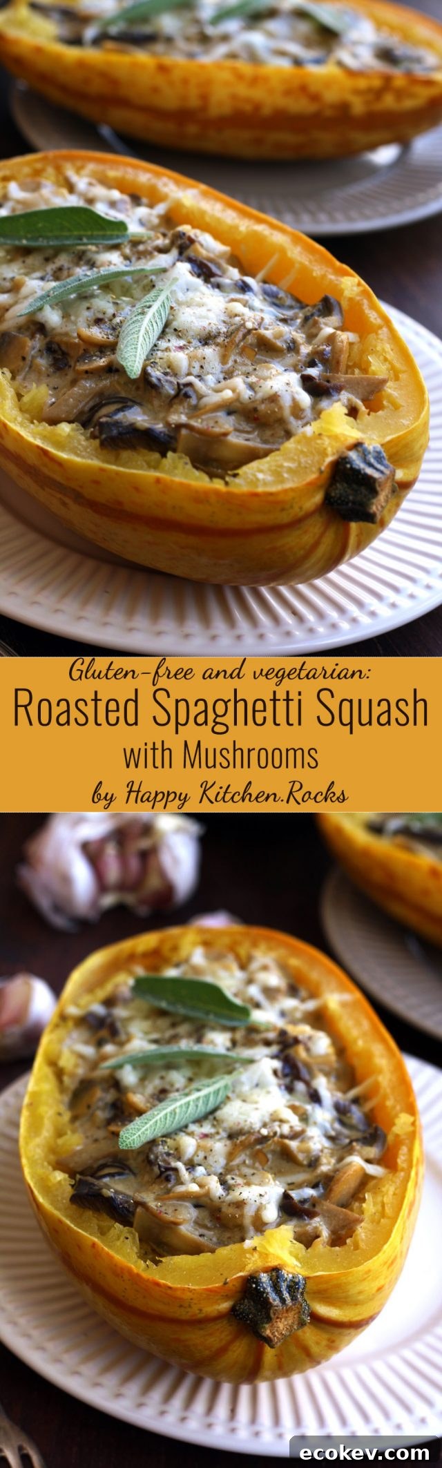Easy and delicious roasted spaghetti squash with mushrooms made with 9 simple ingredients. Great vegetarian and gluten-free dinner recipe ready in 1 hour from start to finish!